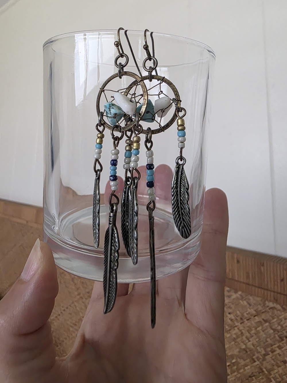 Boho Dreamcatcher Feather Dangle Earrings in Turquoise and White